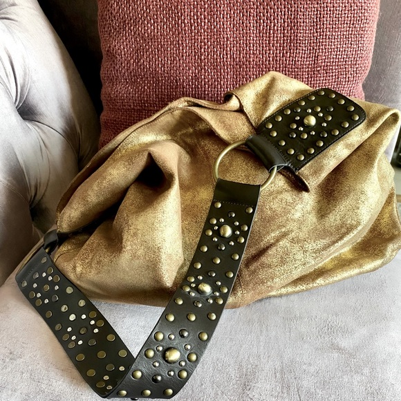 Large Distressed Leather Gold Hobo with Studded Leather Handle - Picture 10 of 14